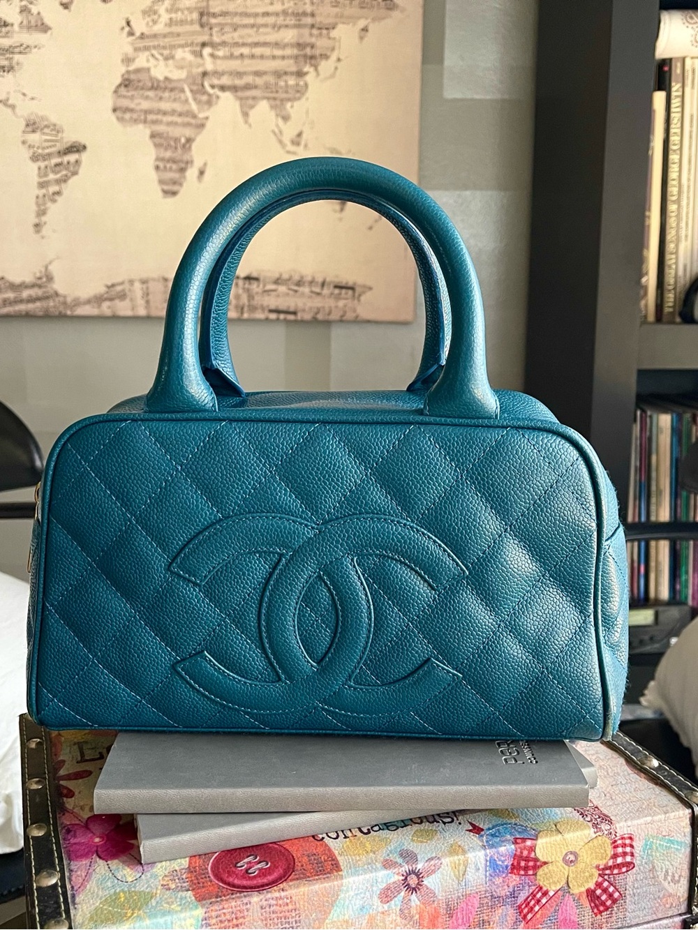 CHANEL Quilted Top-Handle Bowling Bag in Blue Leather